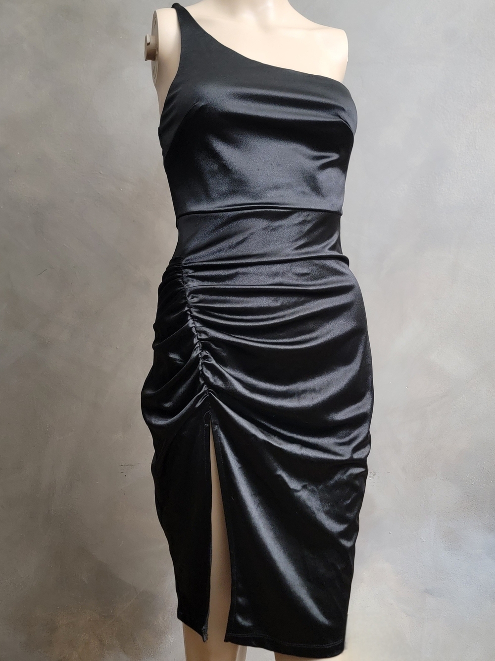 Windsor One-Shoulder Black Satin Ruched Dress